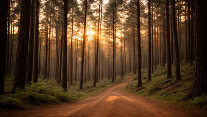 Golden Light Shining Through a Forest Path