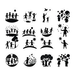 Fototapeta premium happy childern playing with father nature butterfly and air turbine and other vector bundle