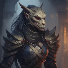 Portrait of a pale female dragonborn from a fantasy world.