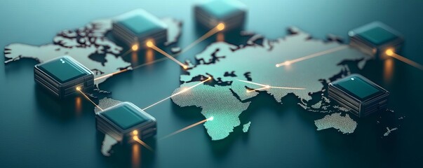 Conceptual art of digital wallets connected to a glowing world map, global reach