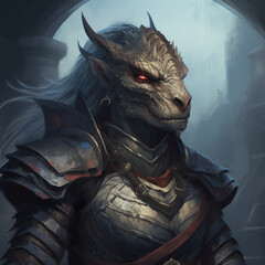 Portrait of a green female dragonborn from a fantasy world.