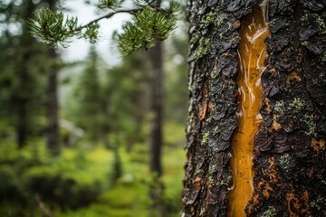 Pine tree trunk with sap oozing from the bark in a coniferous forest