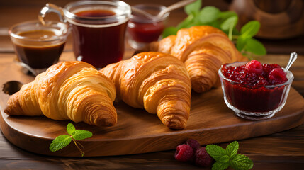 Appetizing Golden-Brown Croissants Served with Raspberry Jam and a Cup of Tea: Capturing the Perfect Breakfast Moment