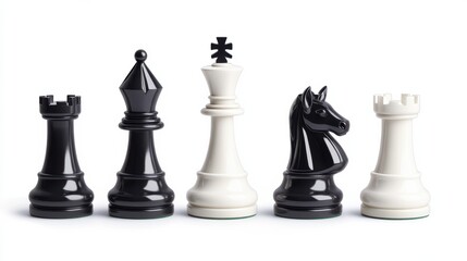 Set of black and white chess pieces including king, queen, bishop, and knight against a white background, perfect for strategy games.