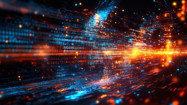 Abstract digital data stream with binary code flowing through a futuristic tunnel.