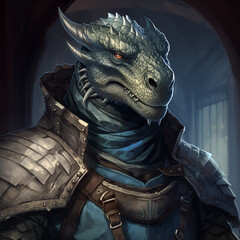 Portrait of a blue male dragonborn from a fantasy world.