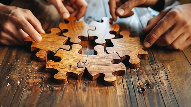 Multiple hands work together to fit wooden puzzle pieces on a textured wooden table, showcasing collaboration and problem-solving in a cozy environment