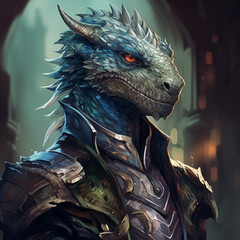Portrait of a blue male dragonborn from a fantasy world.