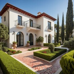 A bright and airy Mediterranean-style home with a covered walkway, formal landscaping, and a focus on natural materials like stone and tile, reminiscent of Pacific Palisades architecture.
