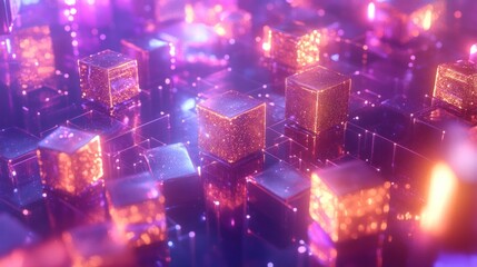 Obraz premium Abstract glowing metallic cubes in vibrant purple and orange hues, forming a complex network.