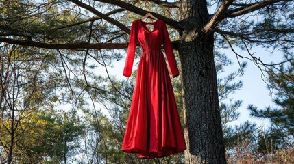 Red dress hanging on a tree in an outdoor setting, symbolic art piece