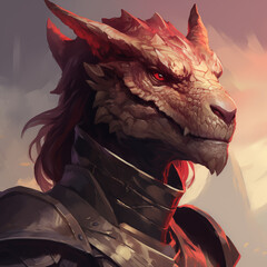 Portrait of a red female dragonborn from a fantasy world.
