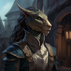 Portrait of a green female dragonborn from a fantasy world.