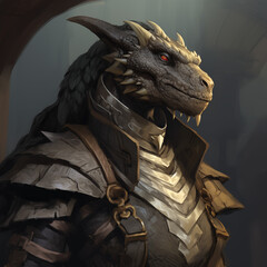 Portrait of a grey female dragonborn from a fantasy world.