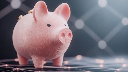 Digital piggy bank growing with animated coins in a tech-inspired interface