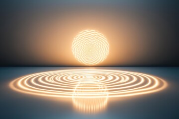 Naklejka premium glowing spiral of light forming serene mandala pattern above reflective matte surface under dim lighting