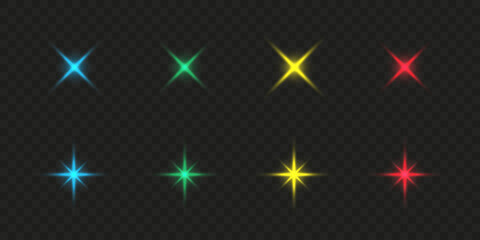 A set of blue, green, yellow and red light effects on a dark background. Collection of vector flares. Blue, green, yellow and red glares. Vector illustration EPS10