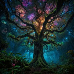 Bioluminescent rainforest at twilight with a glowing ancient tree and magical birds