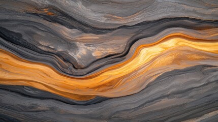 Abstract natural stone texture with orange and gray layers creating wavy patterns. Macro shot of geological surface.