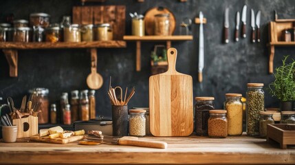 Fototapeta premium Rustic kitchen with wooden utensils and vintage decor