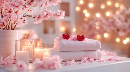 Luxury spa salon in light tones with candles, white towels, flower petals, and hearts, serene atmosphere for Valentine's Day relaxation