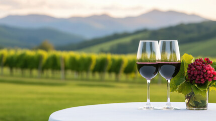 Drink Wine Day concept. Elegant wine glasses reflect vineyard landscape, creating serene atmosphere