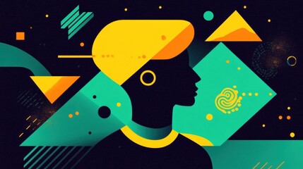 Fototapeta premium Colorful geometric abstract illustration featuring a human profile silhouette with bright shapes on a dark background.