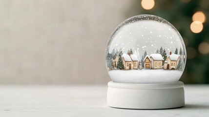 A beautiful snow globe showcasing a winter village scene with houses, trees, and falling snow, perfect for holiday decor.