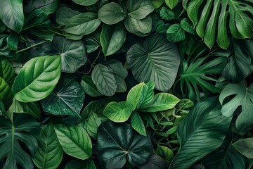 Fototapeta premium Lush Green Leaves, Foliage, Tropical, Botanical Background, Nature, Green, Plant, Leaf, Texture, Pattern