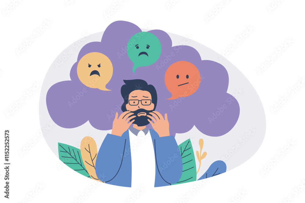 Poster mental health problem web concept with flat cartoon people for website design.