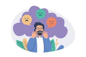 Mental health problem web concept with flat cartoon people for website design.