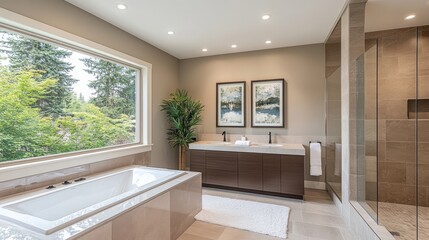 Fototapeta premium Modern bathroom with large window overlooking green forest.
