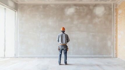 worker in hard hat is standing in middle of renovated room inspecting walls for imperfections