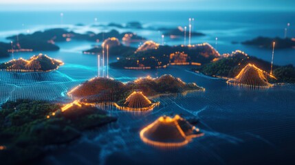 Illuminated islands connected by digital network at night.