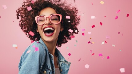 Happy woman celebrating with confetti in a colorful setting