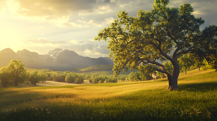Fototapeta premium A serene landscape with a lone tree in a sunlit meadow, surrounded by rolling hills and distant mountains, evoking peace, beauty, nature's harmony, and the calm of golden hour