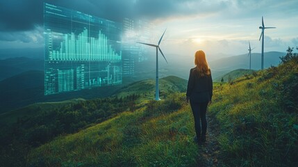 A person stands on a grassy hill, gazing at wind turbines against a backdrop of mountains. Data visualizations appear in the sky as the sun sets, highlighting renewable energy advancements.