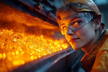 A modern crystal manufacturing plant where a worker oversees a high-temperature furnace used to grow synthetic crystals. Generative AI