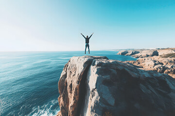 Man standing on cliff with arms raised, celebrating freedom and success while overlooking breathtaking ocean view under clear blue sky, symbolizing adventure and achievement