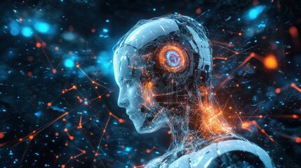 Futuristic AI robot head profile, glowing network connections, digital technology concept.