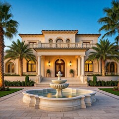 Fototapeta premium A luxurious Mediterranean-style villa with a light-colored facade, arched windows, and a formal garden with a large fountain. 
