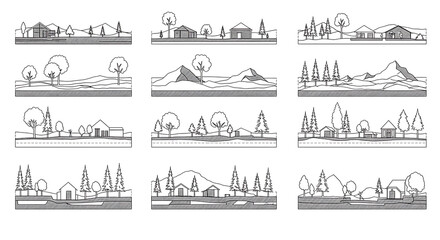 Architectural Drawings, Minimal style cad tree line drawing, Side view, set of section mountain forest outline symbol for landscape design drawing. Vector illustration in stroke fill in white. 