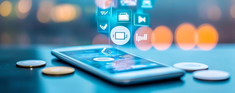 Smartphone projecting animated icons of completed e-wallet transactions