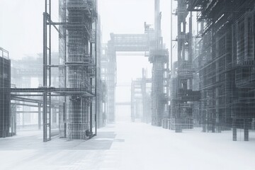Fototapeta premium Captivating Impressionist Digital Art Depicting Layered Industrial District Structures with Subtle Glowing Effects in a Foggy Urban Environment