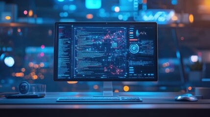 Obraz premium Computer monitor displaying coding and data visualization in a high-tech workspace with blurred lights