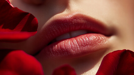 Detailed shot of lips pressing softly on a rose petal, symbolizing delicacy and affection.