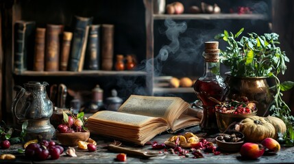 Rustic kitchen scene with books and spices