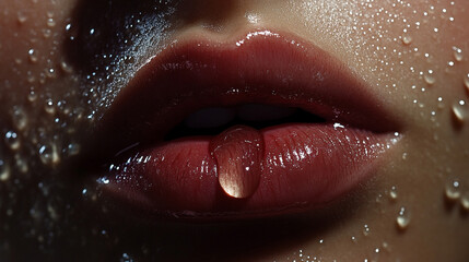 Detailed view of lips barely apart, with a dewdrop resting on one lip, adding to the intimacy.