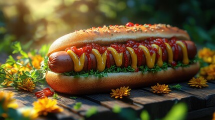 A hot dog with mustard and ketchup on a wooden picnic table during a sunny day