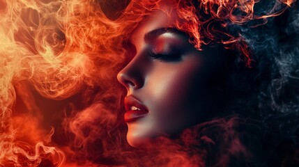 Fototapeta premium Ethereal portrait of a woman surrounded by fiery smoke